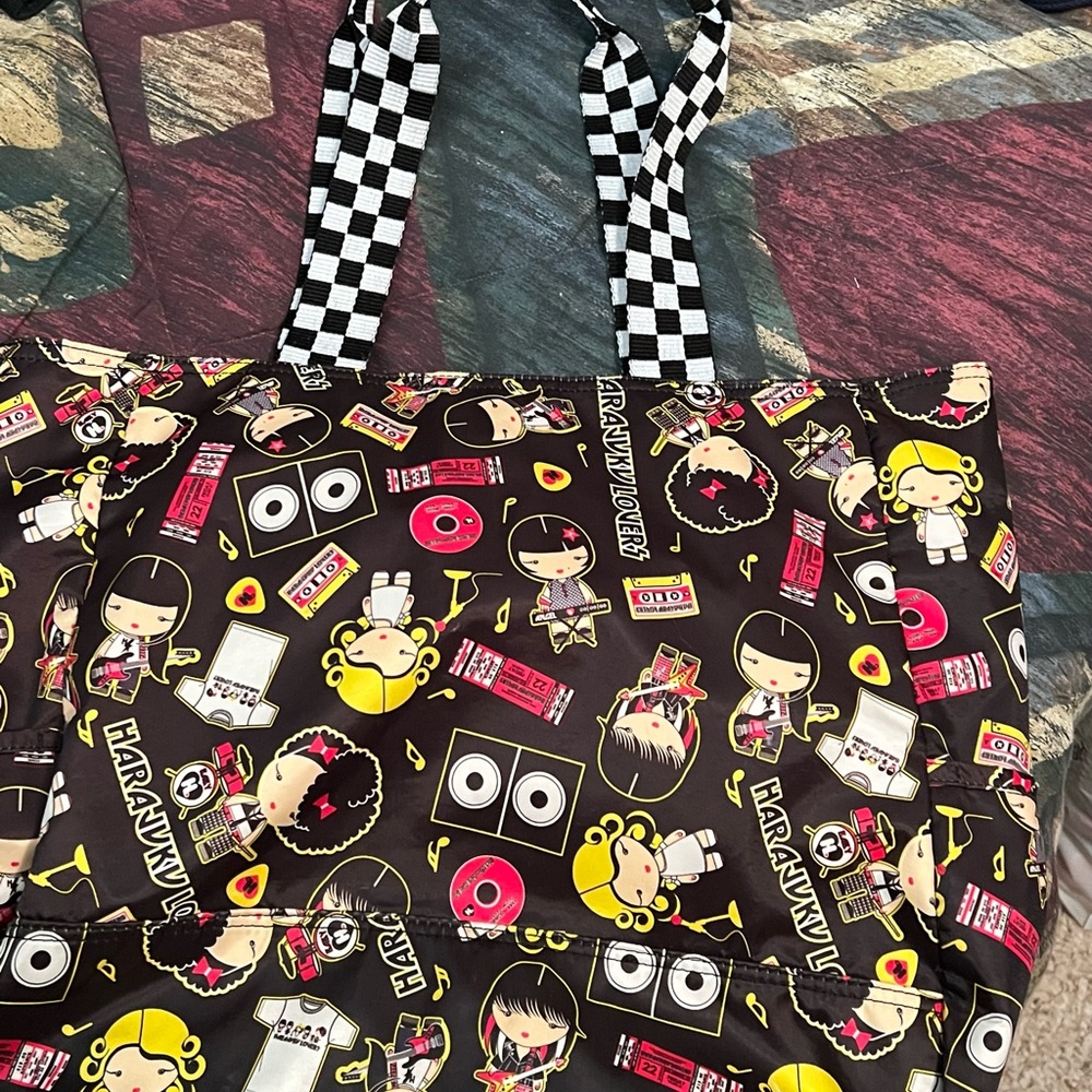 Cute Harajuku Kawaii Graphic Tote with Checker Strap